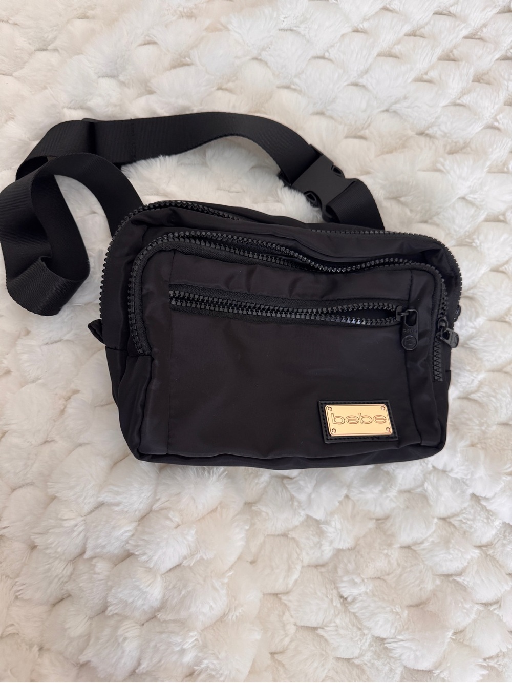 bebe Black Nylon Belt/Crossbody Bag with Gold Logo Plate